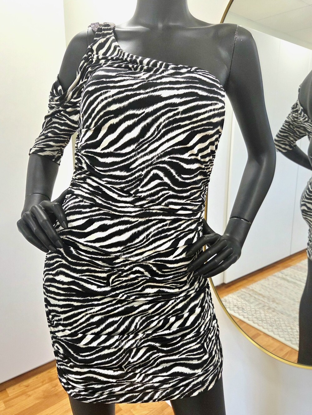 Y2K Bodycon Zebra Clubwear Dress, Zeksy Fashion USA, One Shoulder Ruched, M